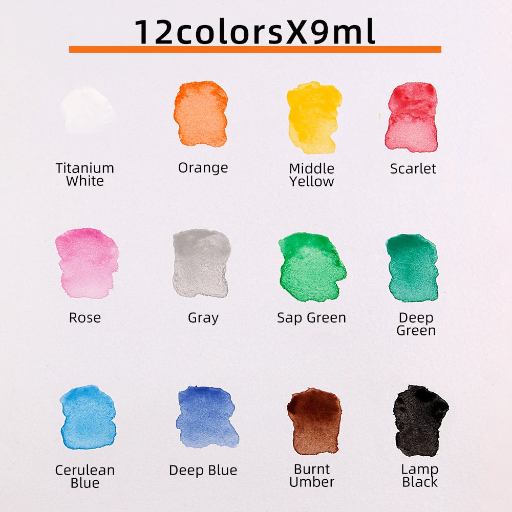 12-Color Student Watercolor Paint Set – 9mL Tubes