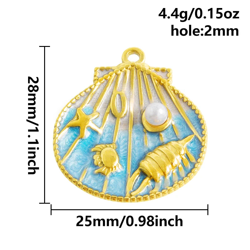 5pcs/lot Enamel Blue Marine Animals Stainless Steel Pendant Conch Shell Seahorse Fish Tail Starfish Charms DIY Necklace Findings