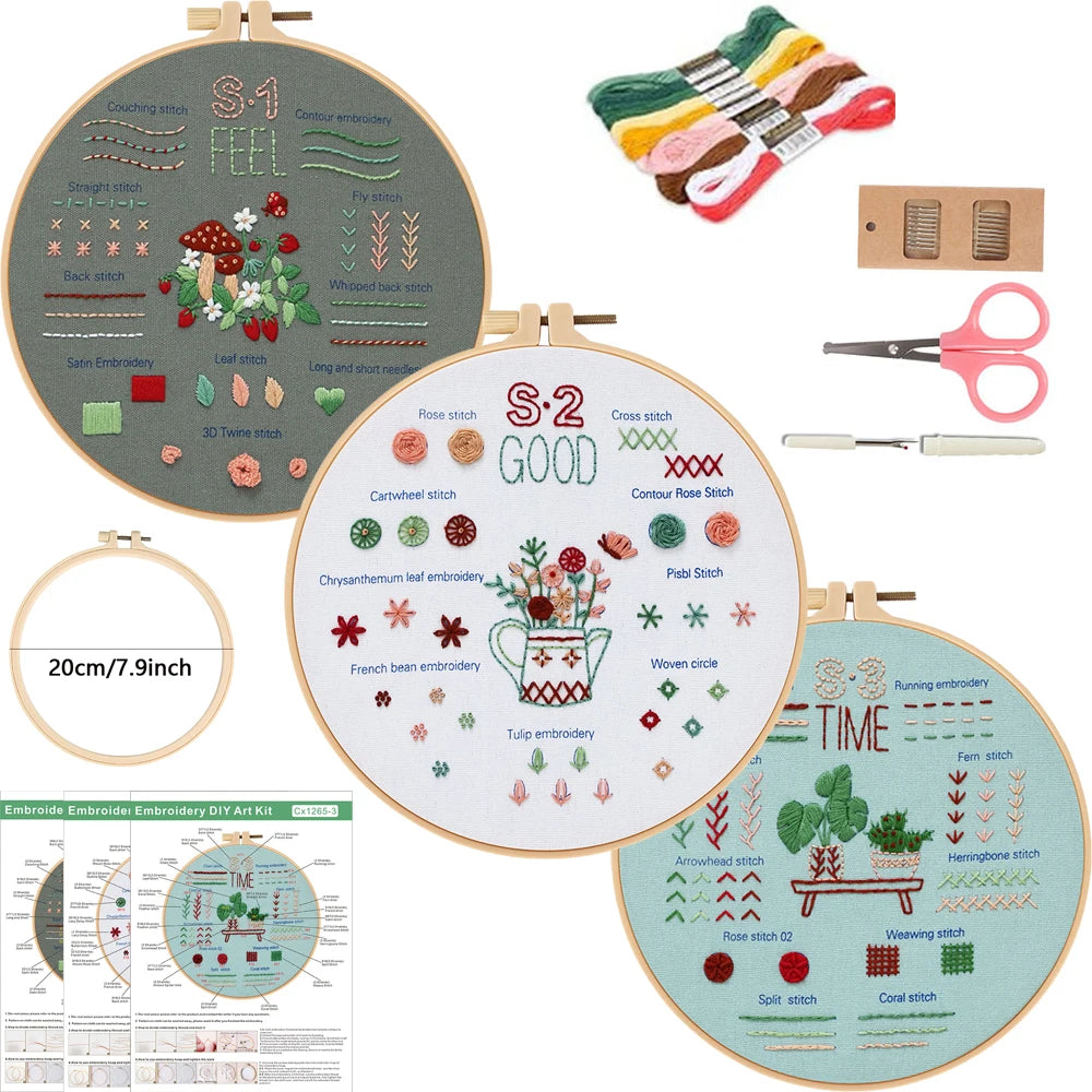Beginner Embroidery Kit – 3 Sets with Stamped Patterns &amp; Tools