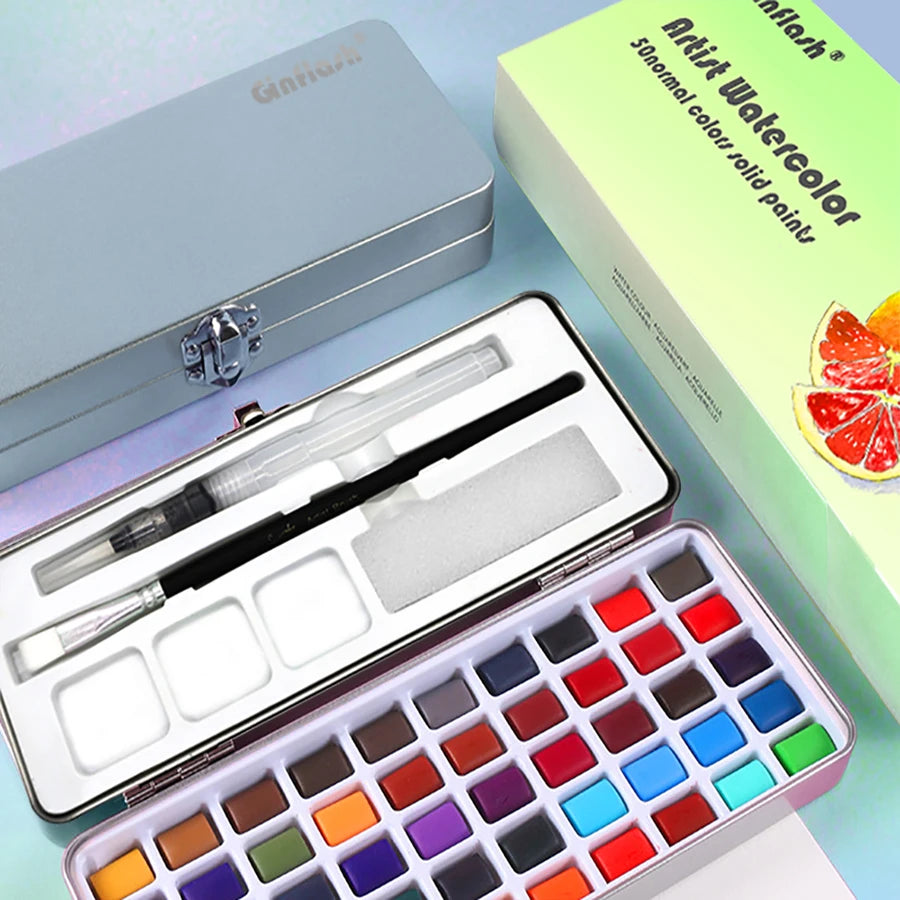 50/90-Color Solid Watercolor Set – with Glitter &amp; Metal Box